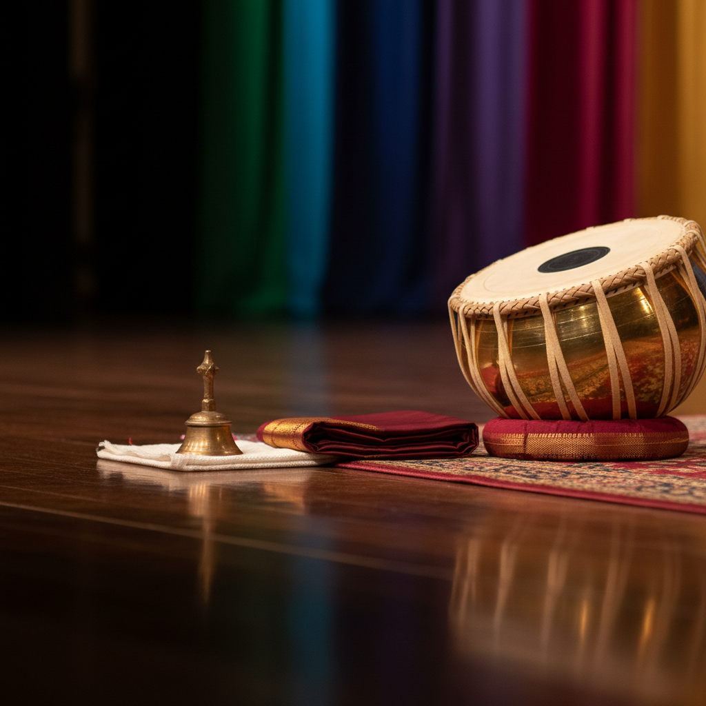 An elegant close-up of a polished wooden stage floor in a community hall, with a single classical Indian tabla set resting near the front edge, its natural leather drum heads taut and gleaming under the light. Beside it lies a neatly folded deep maroon silk stole with gold border, and a small bronze bell placed carefully on a white cotton cloth. The background shows blurred colorful fabric backdrops in jewel tones, suggesting a cultural event setup without any visible people. Warm overhead stage lighting creates dramatic yet soft highlights and elongated shadows, evoking anticipation and reverence. Captured from a low, slightly angled perspective, the composition emphasizes depth and focus on the instruments, in a vibrant, photographic realism style that feels professional and ceremonial.