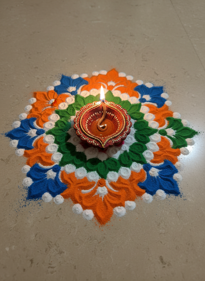 A close-up of an intricately decorated clay diya lamp placed at the center of a circular rangoli made from vivid colored powders on a smooth beige stone floor. The diya is painted in rich red and gold patterns, filled with clear oil and a cotton wick already lit, its small flame flickering steadily. Surrounding the diya, the rangoli features symmetrical floral motifs in orange, blue, green, and white. The scene is illuminated primarily by the diya’s warm, golden light, with subtle ambient room lighting adding soft visibility to the outer edges, creating a serene, contemplative mood. Shot from directly above with a centered composition, the image emphasizes geometry and color contrast in crisp photographic realism, symbolizing celebration, unity, and cultural heritage.